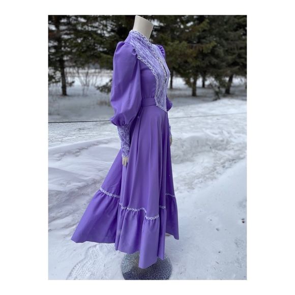 Vintage 70s Prairie Style Maxi Dress Lilac Lace Cottagecore Farmcore M - Picture 13 of 15